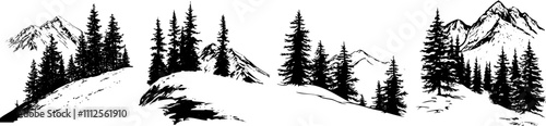 Silhouette of winter collection. A stylized depiction of a mountainous landscape, featuring trees and rocky formations.