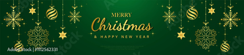 Wallpaper Mural Merry Christmas and Happy New Year horizontal banner. Golden christmas balls and snowflake, stars, hanging on ribbon. Luxury and elegant green xmas background. Vector illustration Torontodigital.ca