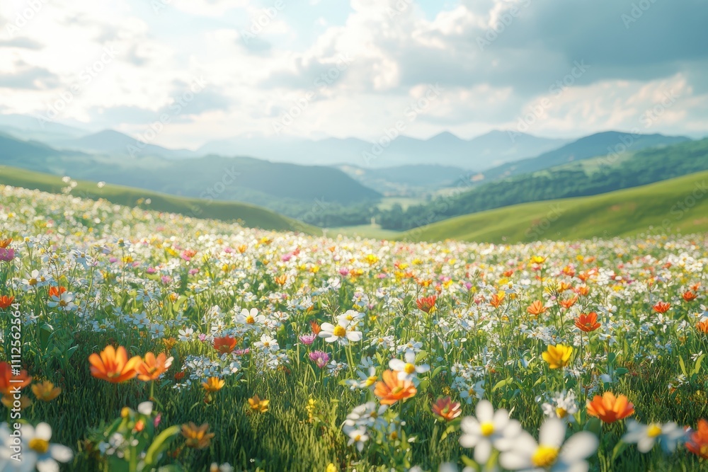 A vibrant field of wildflowers under a sunny sky with distant mountains. A vibrant field of wildflowers under a sunny sky with distant mountains.