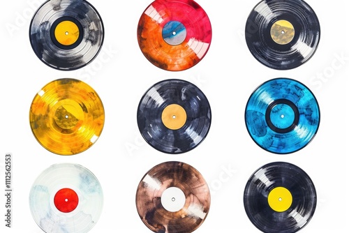 A collection of different colored vinyl records arranged on a white surface