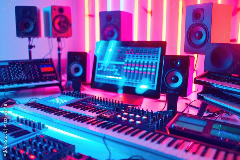 A music studio setup with a keyboard, monitor, speakers, and laptop A music studio setup with a keyboard, monitor, speakers, and laptop