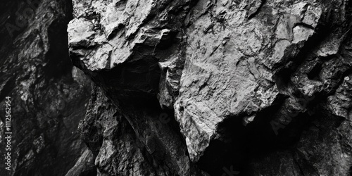 A black and white photograph of a rugged rock face