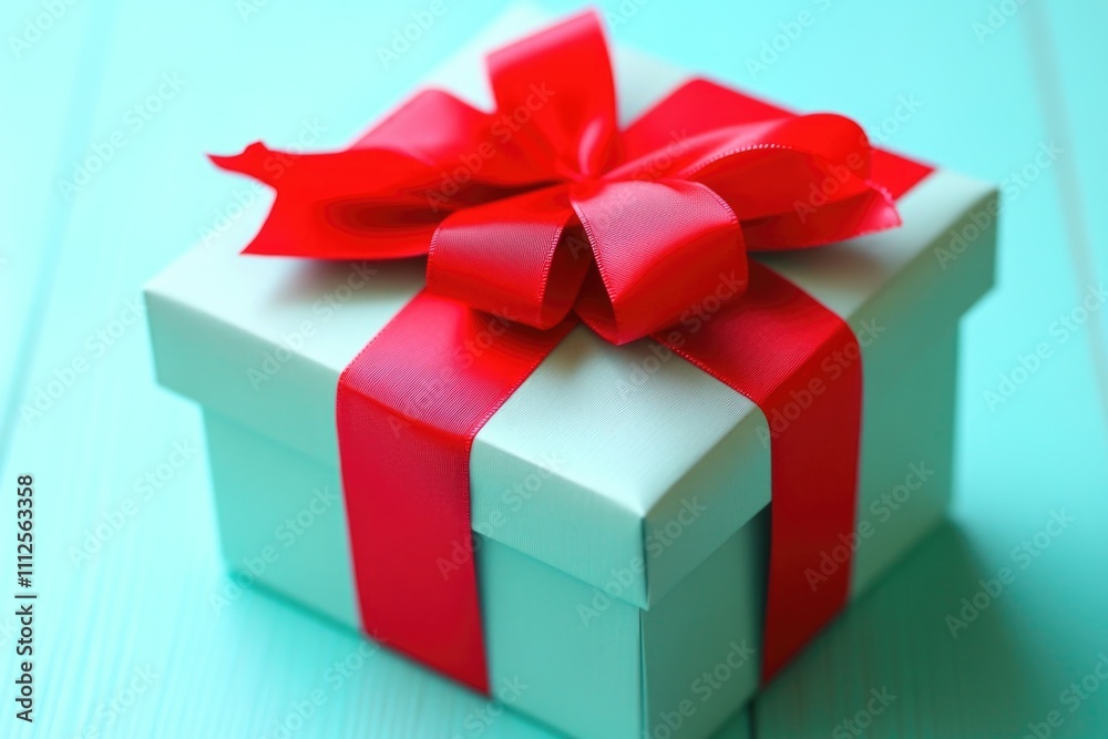 Obraz premium A small white gift box tied with a bright red bow, perfect for wrapping small gifts or adding a touch of elegance to any setting