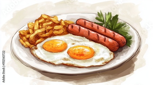 Delicious Breakfast Plate with Eggs, Sausages and French Fries