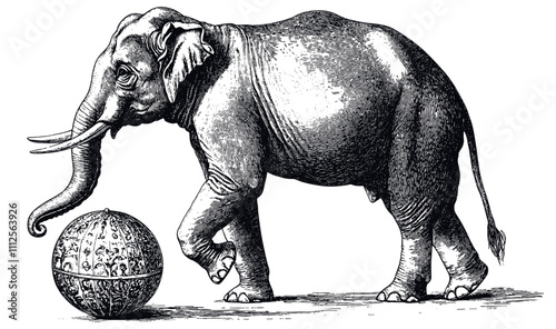 Circus Elephant 19th Century Detailed Vintage Engraving Illustration on White Background with Intricate Texture Classic Circus Art Antique Performing Animal Graphic Entertainment