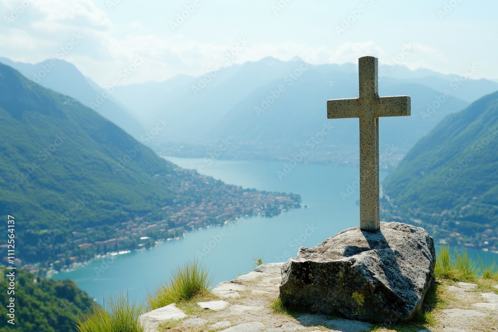 A cross sits atop a rock near a calm body of water, offering a peaceful scene