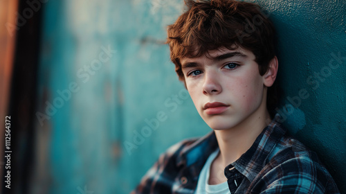 Contemplative Teenager: Portrait of a thoughtful young man with auburn hair, leaning against a teal wall, conveying introspection and quiet strength.