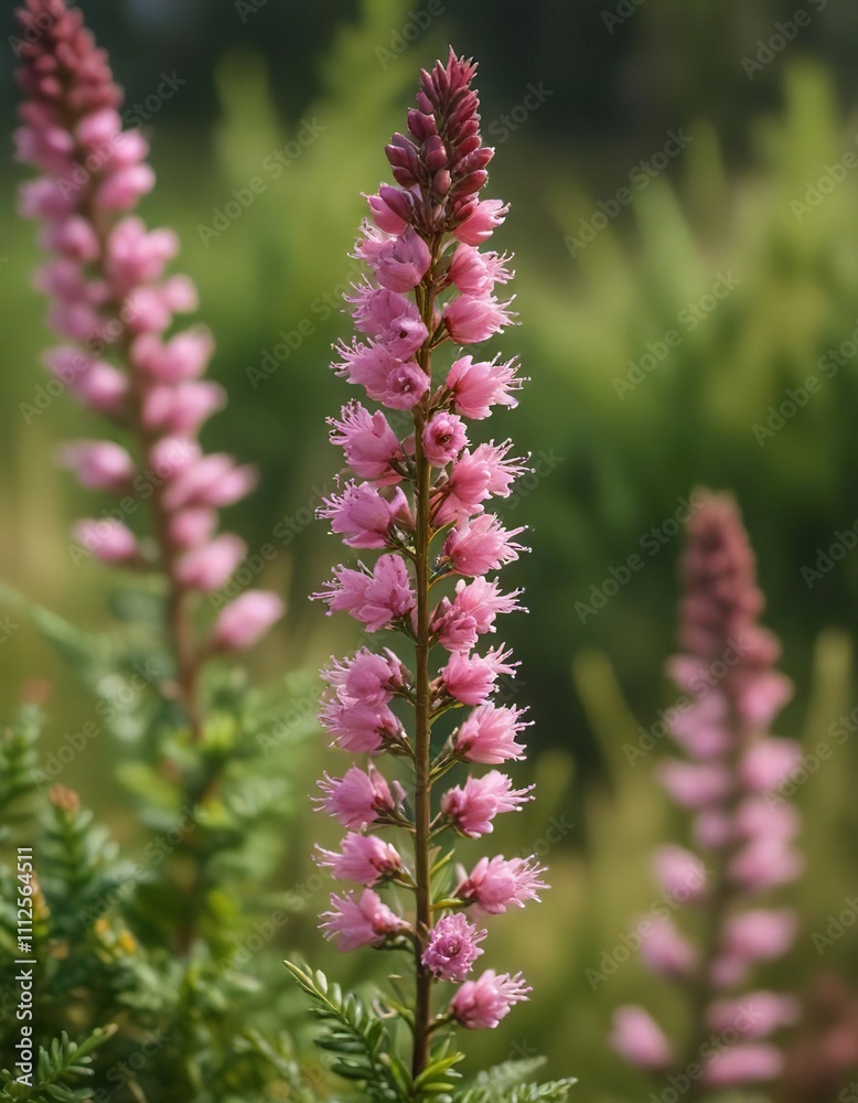 Macro shot of delicate pink heather Calluna vulgaris flowers on a lush green stem in a field, field, botanical Macro shot of delicate pink heather Calluna vulgaris flowers on a lush green stem in a field, field, botanical
