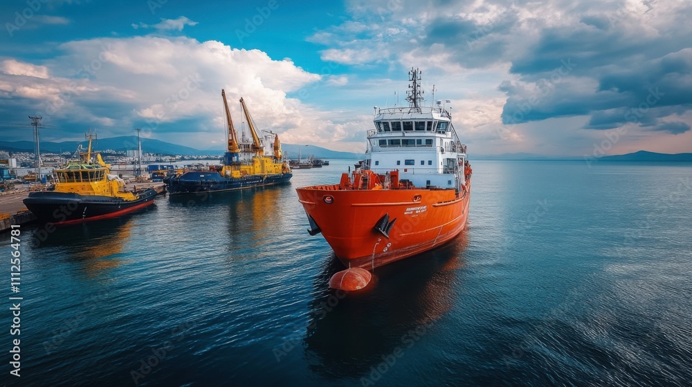 Fototapeta premium Vibrant orange research vessel docked at harbor with cranes and boats under scenic sky