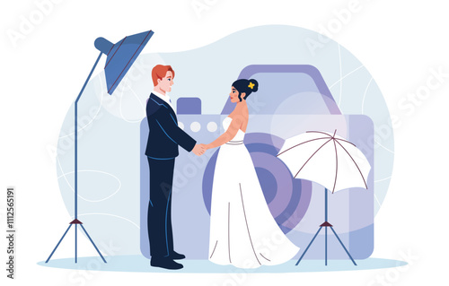 Wedding photo shoot. Man in black suit and woman in white dress are photographed in photo studio. Love and romance. Bride and groom, husband and wife. Flat vector illustration