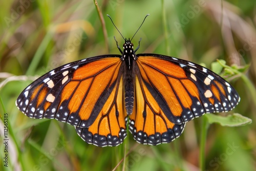 A large orange butterfly perched on the leaves of a green plant, ideal for wildlife or nature-themed images
