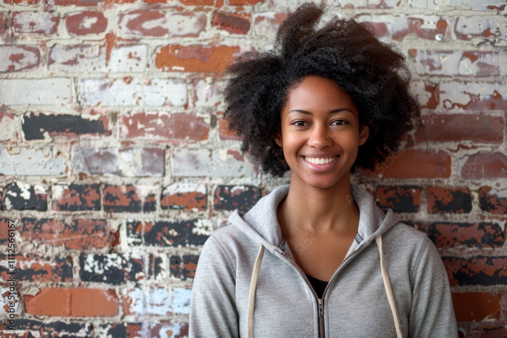 Portrait of a grinning afro-american woman in her 20s wearing a zip-up fleece hoodie isolated in vintage brick wall Portrait of a grinning afro-american woman in her 20s wearing a zip-up fleece hoodie isolated in vintage brick wall