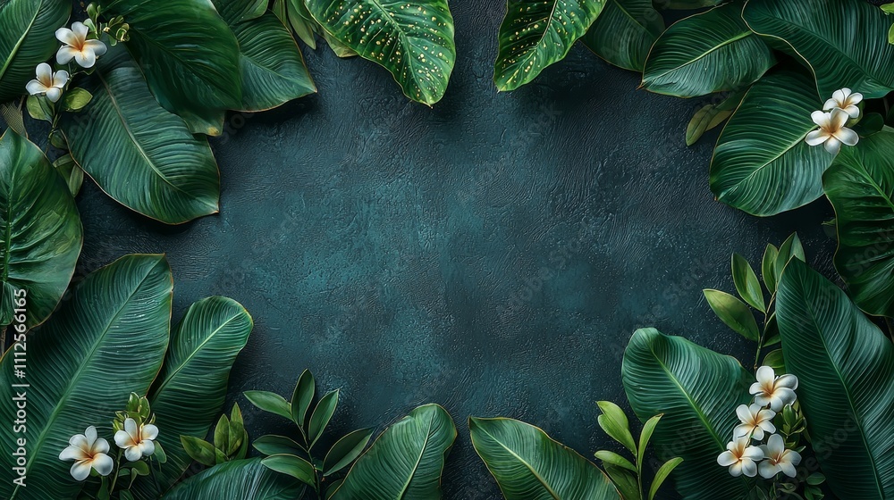 Fototapeta premium Lush Tropical Green Leaves and White Flowers Creating a Beautiful Decorative Frame on Dark Textured Background