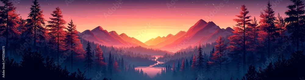 An outdoor adventure illustration set in the evening, with a sunset sky, mountains, and a lake. The design captures a sunny summer valley bathed in magical pink and orange tones. An outdoor adventure illustration set in the evening, with a sunset sky, mountains, and a lake. The design captures a sunny summer valley bathed in magical pink and orange tones.