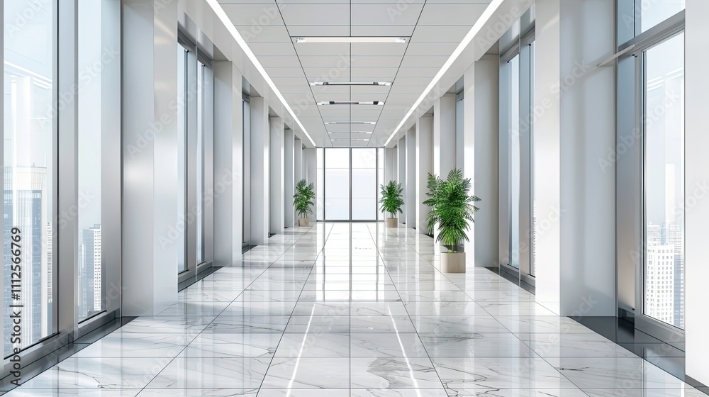Modern Office Corridor with City View: A Luxurious Workspace Modern Office Corridor with City View: A Luxurious Workspace