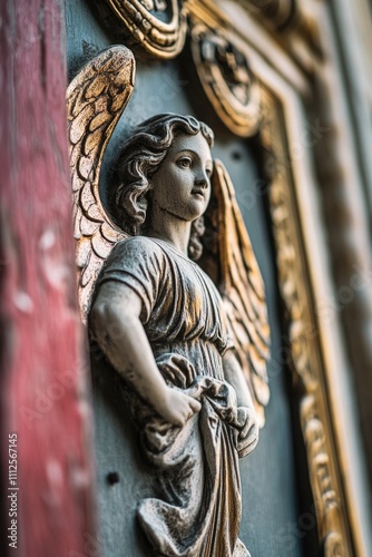 A detailed view of a statuesque angel figurine, ideal for use in designs related to faith, hope, and inspiration