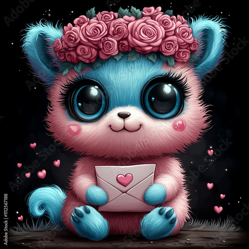 Romantic pink and blue alpaca holding envelope. Cute animal with rose crown and love letter surrounded by hearts. Valentines day concept