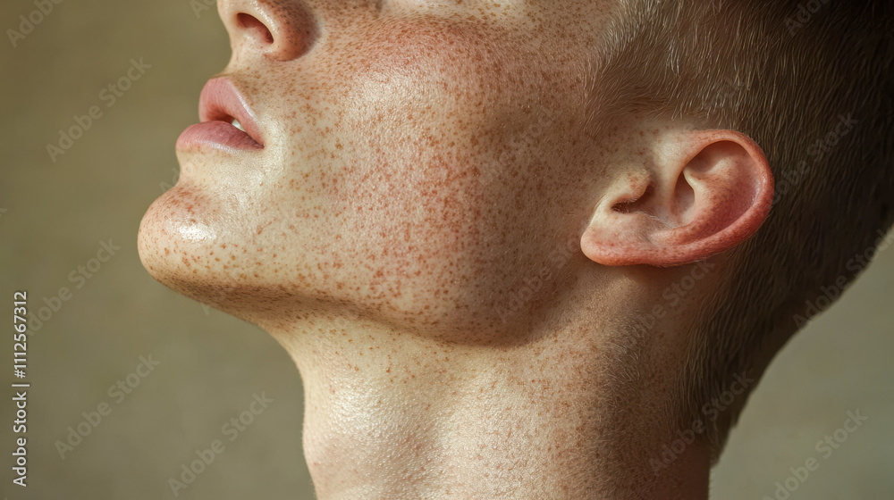 Close-up of freckled young man's profile in natural light indoors Close-up of freckled young man's profile in natural light indoors