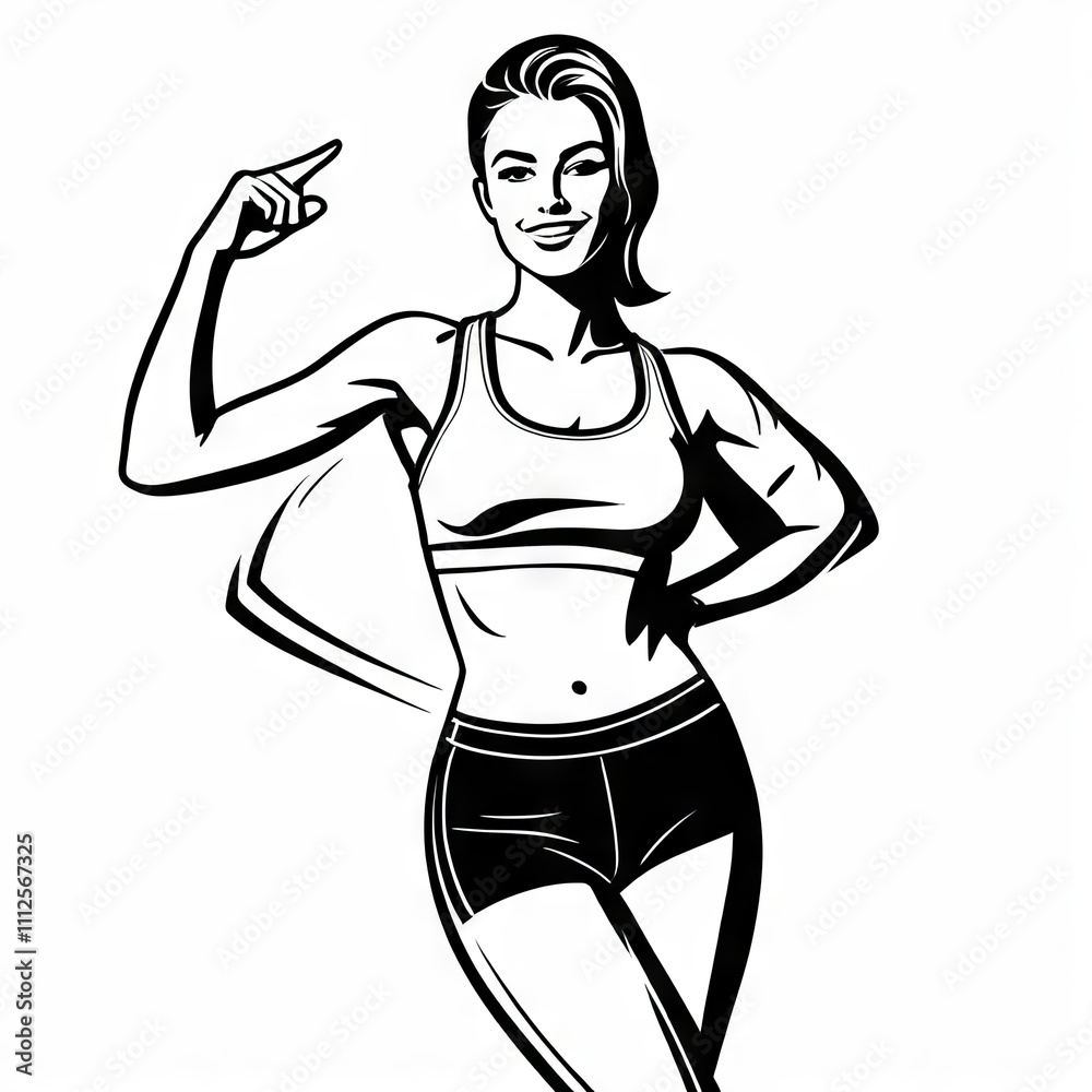 Woman demonstrating confidence in sporty attire while pointing and smiling in a dynamic pose Woman demonstrating confidence in sporty attire while pointing and smiling in a dynamic pose