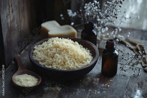 Natural body scrub and organic oils in a neat arrangement. photo