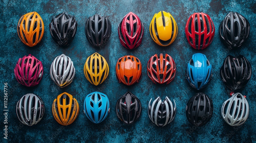 Obraz premium Colorful Variety of Cycling Helmets Arranged on a Textured Surface for Safety and Style in Biking Activities