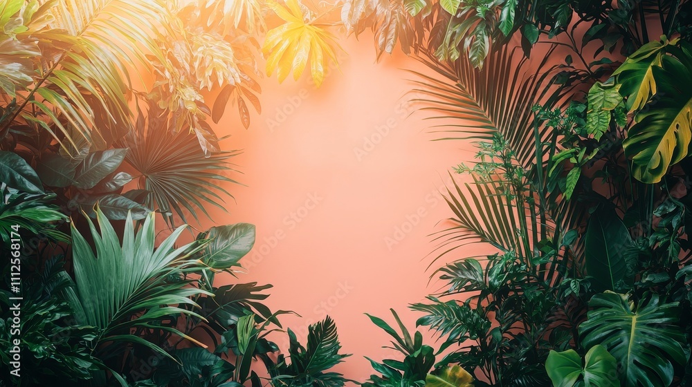Lush Tropical Green Leaves Framing a Light Coral Background for Nature Themes and Relaxation Concepts Lush Tropical Green Leaves Framing a Light Coral Background for Nature Themes and Relaxation Concepts