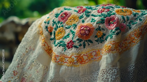 Floral Embroidery Close-up of Hand-stitched Textile, Nature Background, Vintage Design, Embroidered Flowers Keywords Embroidery, Textile photo