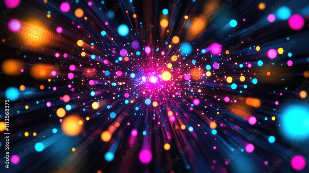 Fototapeta premium A pixel dot explosion, with dots radiating outward in bright neon colors against a dark background, creating a sense of movement