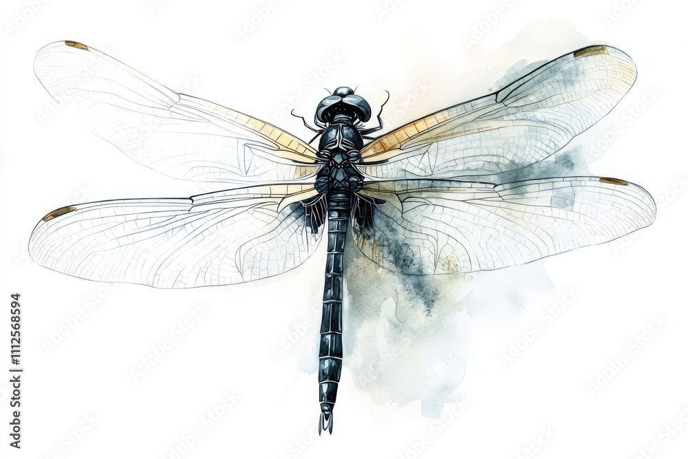 A dragonfly sits on a white background, its wings folded A dragonfly sits on a white background, its wings folded