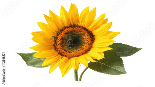 Bright sunflower in full bloom with green leaves. transparent background