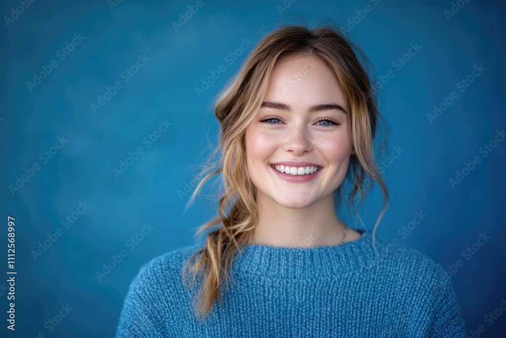 A happy woman wearing a blue sweater smiles directly at the camera A happy woman wearing a blue sweater smiles directly at the camera