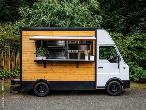 A pandathemed food truck offering Asian cuisine, with a blackandwhite exterior and bamboo accents photo