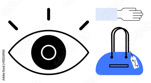 Open eye with awareness lines, pointing hand and blue handbag highlight attentive shopping and choice. Ideal for retail, fashion, security, consumer behavior, marketing, awareness campaigns