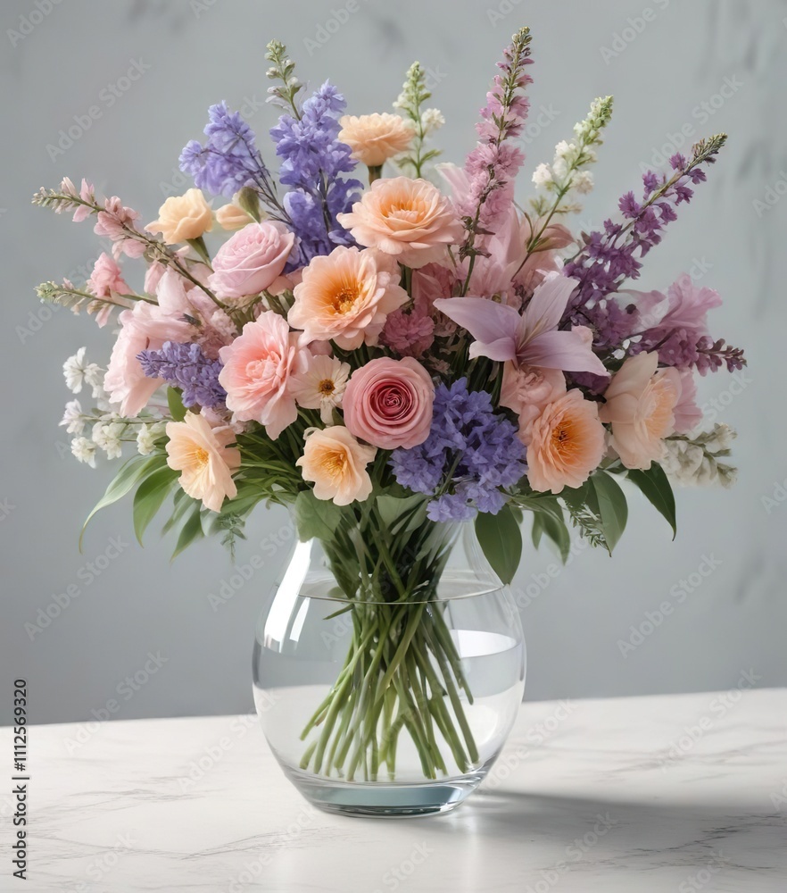Obraz premium Pastel-colored flowers arrangement in a glass vase, flower, vase, glass