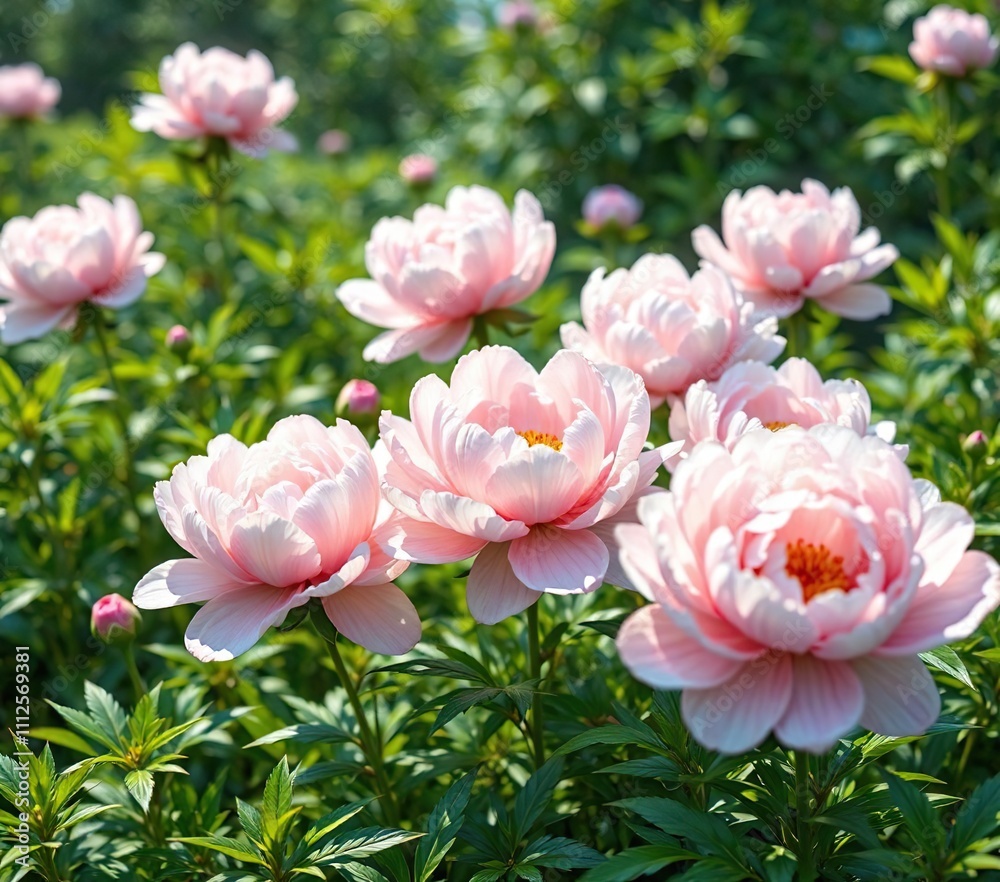 Pastel hued peonies swaying gently in the breeze amidst lush green foliage , serene atmosphere, nature's beauty, blooming garden Pastel hued peonies swaying gently in the breeze amidst lush green foliage , serene atmosphere, nature's beauty, blooming garden