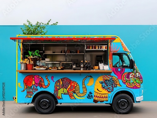 Elephantshaped food truck serving Indian street food, complete with tusks and ear designs on the sides photo