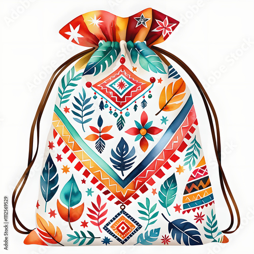 Santasbag Adorned with Tribal Patterns & Nature-Inspired Motifs: Watercolor Clip Art on Flat White Background photo