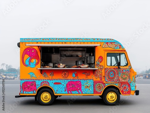 Elephantshaped food truck serving Indian street food, complete with tusks and ear designs on the sides photo