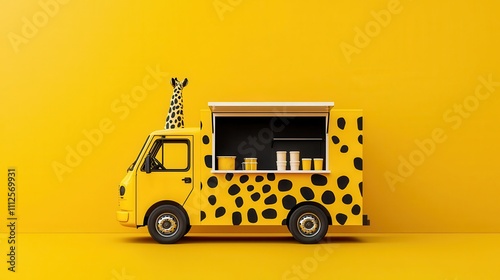 Giraffethemed food truck with a tall roof and spot patterns, offering smoothies and wraps photo