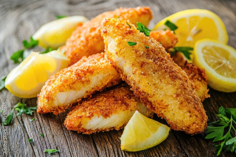 A plate of fried fish served with sliced lemons and parsley for garnish A plate of fried fish served with sliced lemons and parsley for garnish