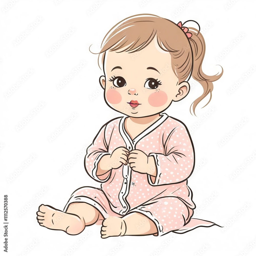 Cute baby girl sitting in a pink onesie with playful expression indoors in a cozy environment Cute baby girl sitting in a pink onesie with playful expression indoors in a cozy environment