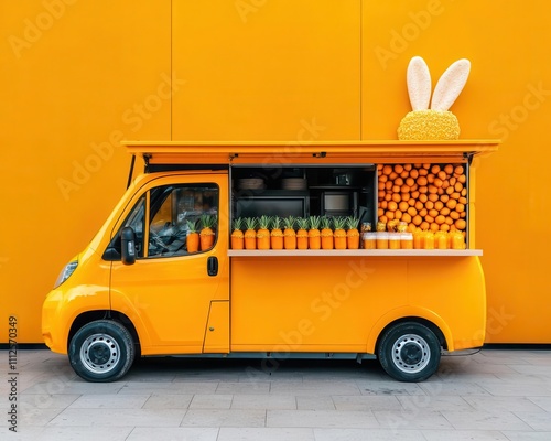 Bunnythemed food truck selling carrot cakes and fresh juices, with a fluffy tail design on the back photo