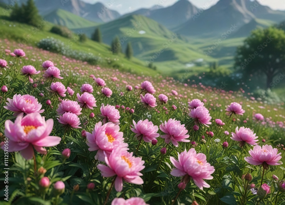 Obraz premium Pink peony flowers are scattered across a lush green meadow amidst a backdrop of blooming wildflowers, landscape, blooming , peony