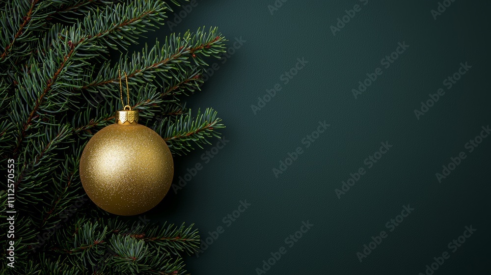 Green pine needles resting against a matte gold Christmas ball. Green pine needles resting against a matte gold Christmas ball.