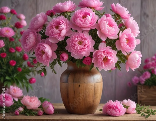 Wallpaper Mural Pink peonies are arranged in a rustic wooden vase against the vibrant colors of a blooming wildflower field, vases, garden, flowers Torontodigital.ca