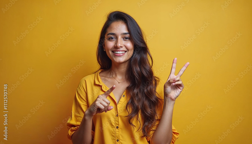 Obraz premium Happy millennial Indian woman making hand finger heart, showing love sign, like, smiling at camera. Volunteer girl, blogger expressing support, gratitude, appreciation for charity, donation. Head shot