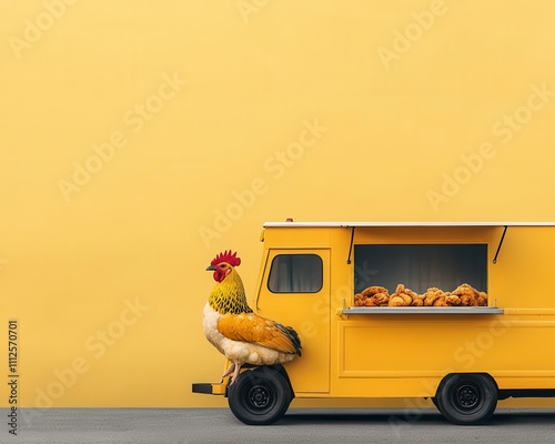 Chickenthemed food truck featuring a bright yellow body and a beakshaped serving window, offering fried chicken photo