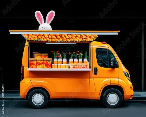 Bunnythemed food truck selling carrot cakes and fresh juices, with a fluffy tail design on the back photo