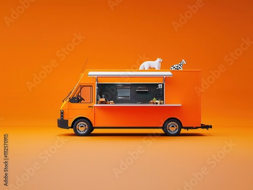 A foxinspired food truck with a sleek orange design and tail patterns, serving wild gameinspired dishes photo