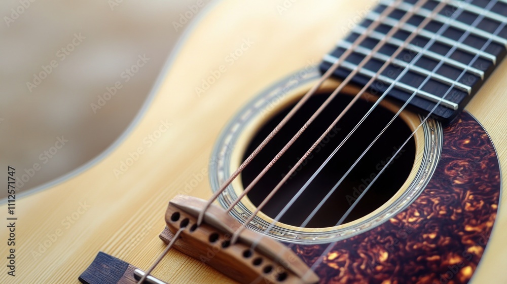 Fototapeta premium A detailed shot of a guitar resting on a table, perfect for use in music-related contexts